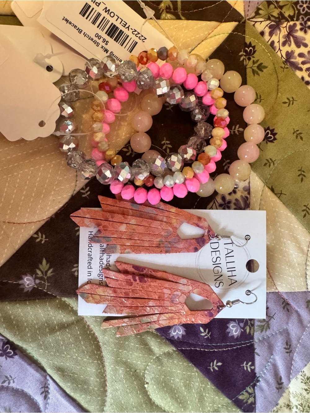 Talilha Designs Pink Beaded Bracelet Stack with Fringe Earrings
